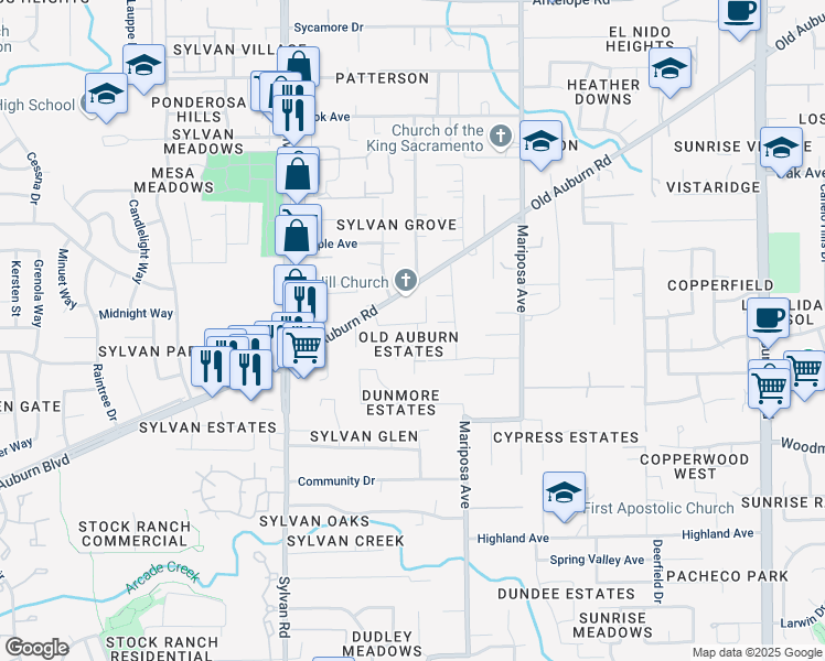 map of restaurants, bars, coffee shops, grocery stores, and more near 7638 Wes Way in Citrus Heights