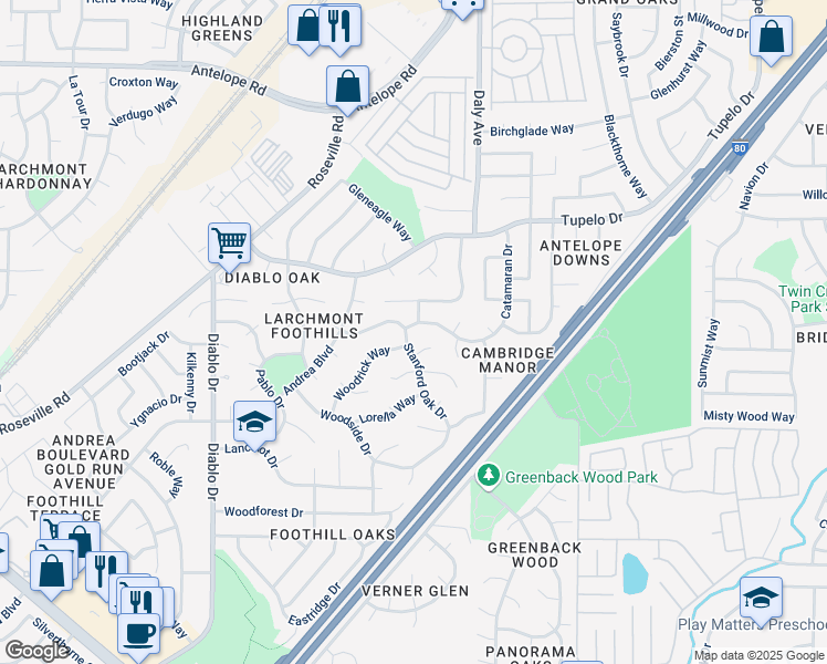 map of restaurants, bars, coffee shops, grocery stores, and more near 7124 Stanford Oak Drive in Sacramento