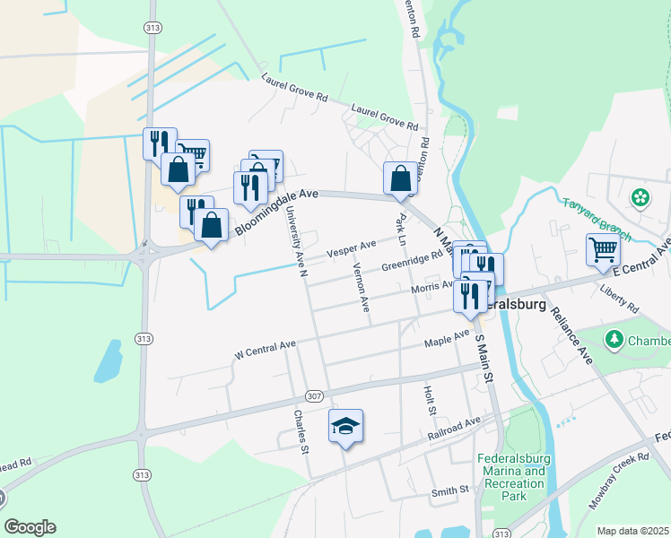 map of restaurants, bars, coffee shops, grocery stores, and more near 307 Greenridge Road in Federalsburg