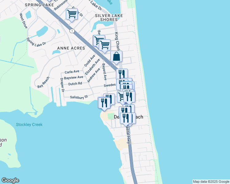 map of restaurants, bars, coffee shops, grocery stores, and more near 114 Saulsbury Street in Dewey Beach