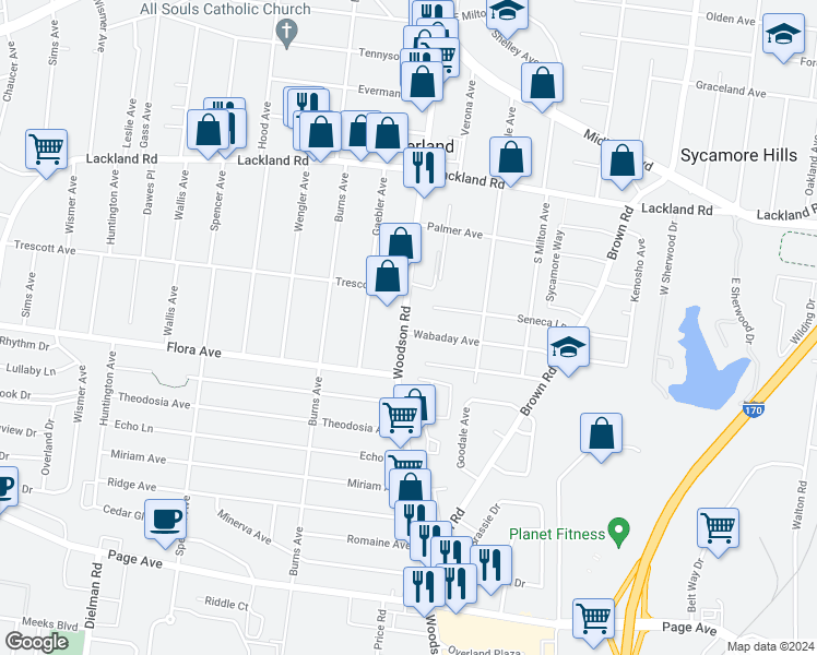 map of restaurants, bars, coffee shops, grocery stores, and more near 2234 Woodson Road in Overland