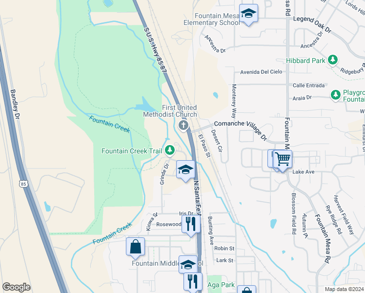 map of restaurants, bars, coffee shops, grocery stores, and more near 9395 Trailside View in Fountain
