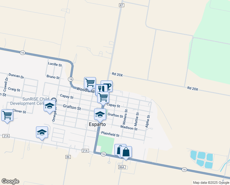 map of restaurants, bars, coffee shops, grocery stores, and more near 16785 Woodland Avenue in Esparto
