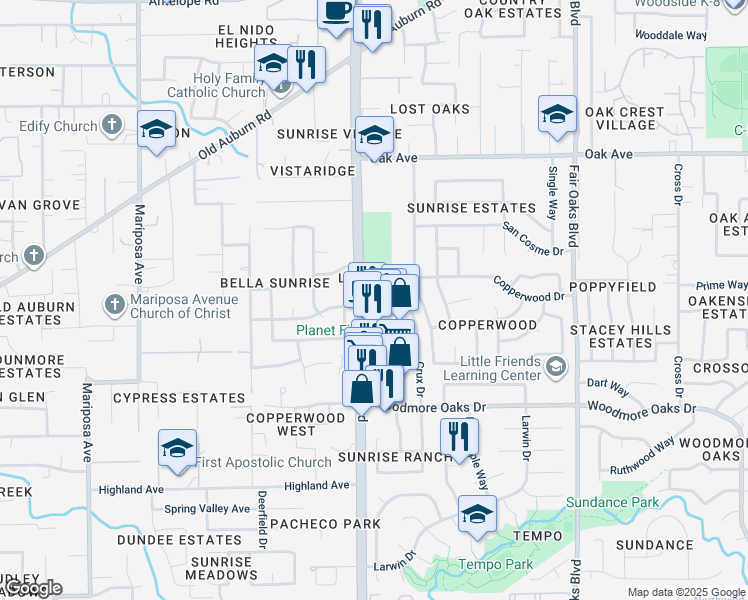 map of restaurants, bars, coffee shops, grocery stores, and more near 7121 La Salida Del Sol Lane in Citrus Heights