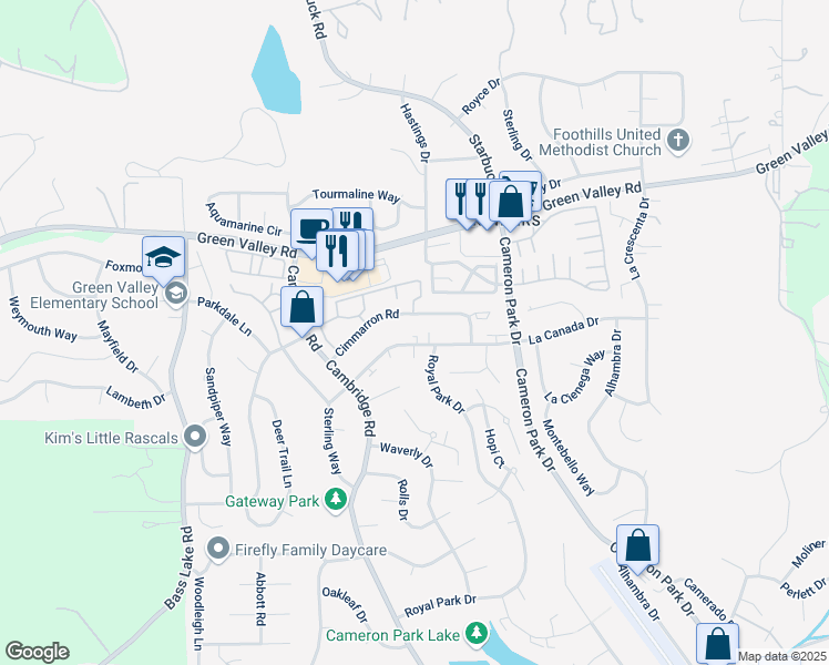 map of restaurants, bars, coffee shops, grocery stores, and more near 3315 La Canada Drive in Cameron Park