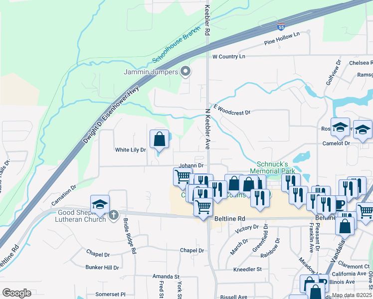 map of restaurants, bars, coffee shops, grocery stores, and more near 5 Tiemann Drive in Collinsville
