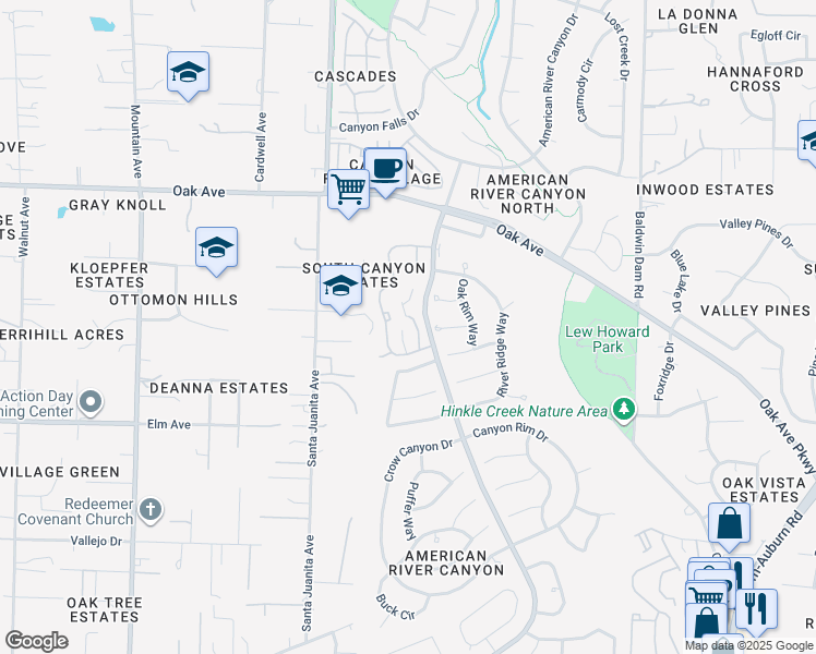 map of restaurants, bars, coffee shops, grocery stores, and more near 215 Canyon Terrace Lane in Folsom