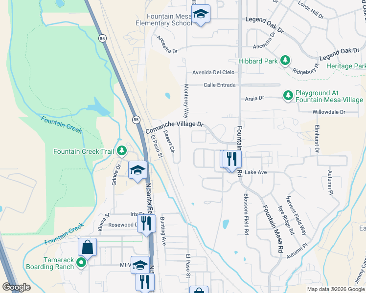 map of restaurants, bars, coffee shops, grocery stores, and more near 837 Desert Circle in Fountain