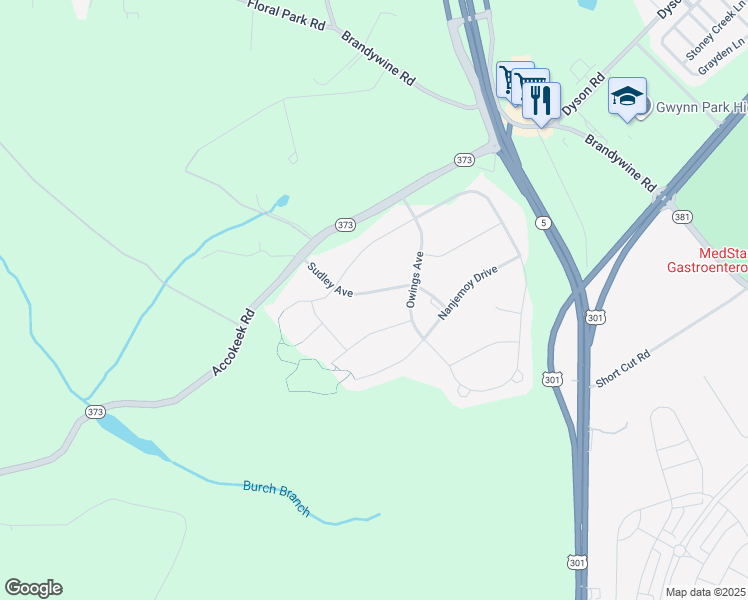 map of restaurants, bars, coffee shops, grocery stores, and more near 7211 Sudley Avenue in Brandywine