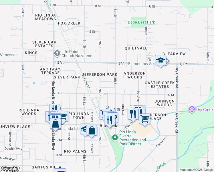 map of restaurants, bars, coffee shops, grocery stores, and more near 725 Dabney Avenue in Rio Linda