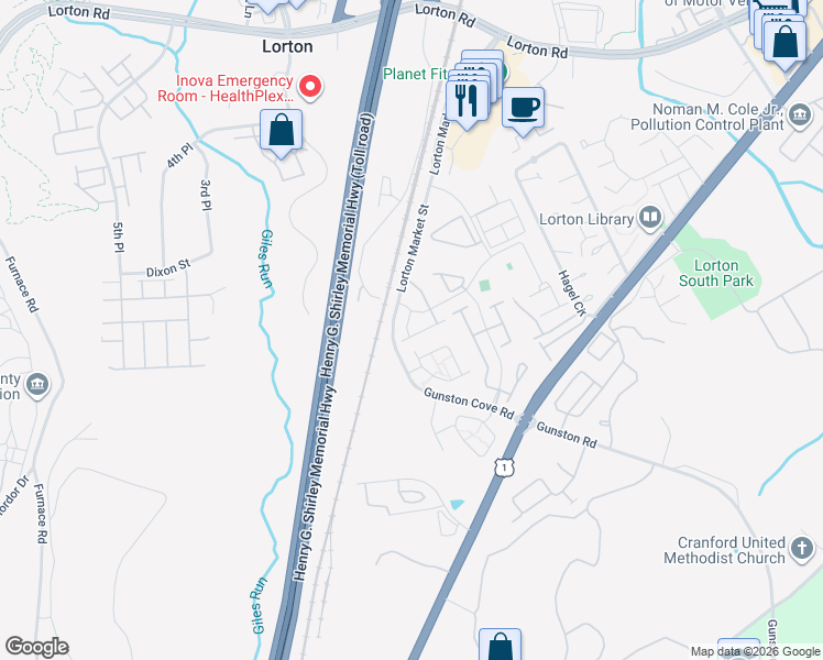 map of restaurants, bars, coffee shops, grocery stores, and more near 9621 Potters Hill Circle in Lorton