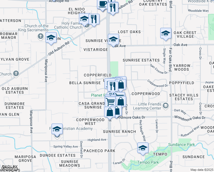 map of restaurants, bars, coffee shops, grocery stores, and more near 7883 Sungarden Drive in Citrus Heights