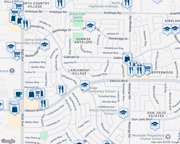 map of restaurants, bars, coffee shops, grocery stores, and more near 4037 Cortright Way in North Highlands