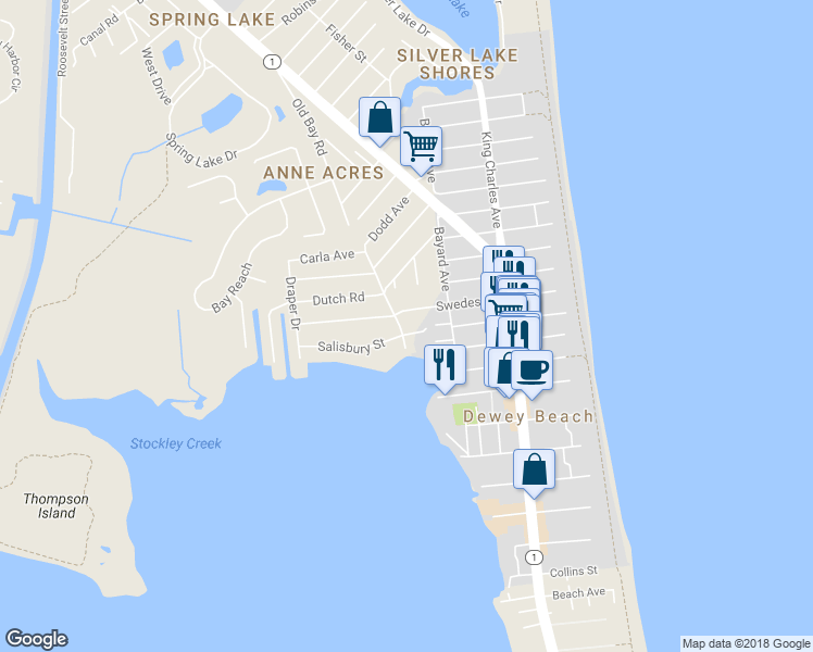 map of restaurants, bars, coffee shops, grocery stores, and more near 207 Salisbury Street in Rehoboth Beach