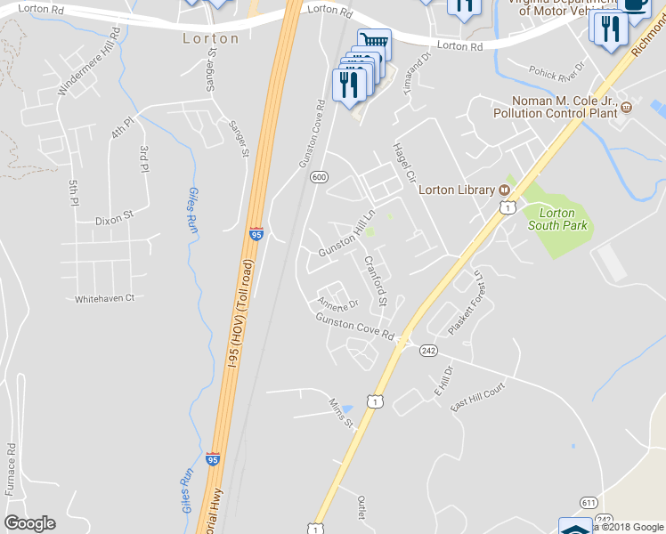 map of restaurants, bars, coffee shops, grocery stores, and more near 9672 Potters Hill Circle in Lorton