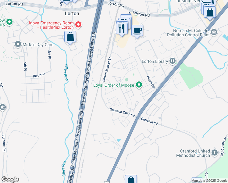 map of restaurants, bars, coffee shops, grocery stores, and more near 9672 Potters Hill Circle in Lorton
