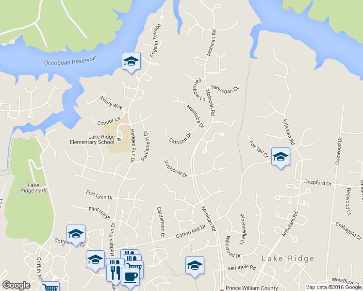 map of restaurants, bars, coffee shops, grocery stores, and more near 11867 Catoctin Drive in Woodbridge