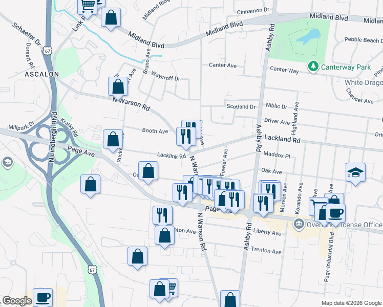 map of restaurants, bars, coffee shops, grocery stores, and more near Lackland Rd & N Warson Rd in St Louis