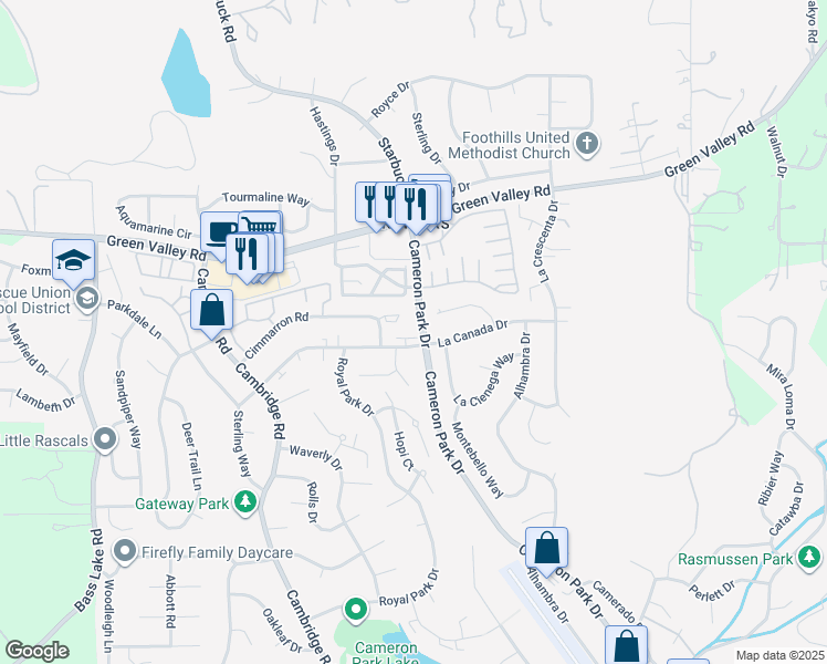 map of restaurants, bars, coffee shops, grocery stores, and more near 3381 La Canada Drive in Cameron Park
