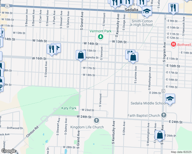 map of restaurants, bars, coffee shops, grocery stores, and more near 551-599 W 18th St in Sedalia