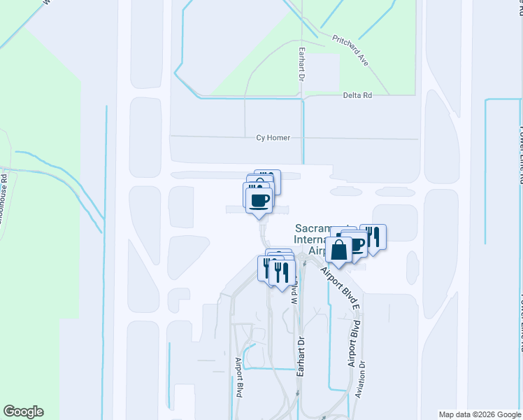 map of restaurants, bars, coffee shops, grocery stores, and more near 6900 Airport Boulevard in Sacramento