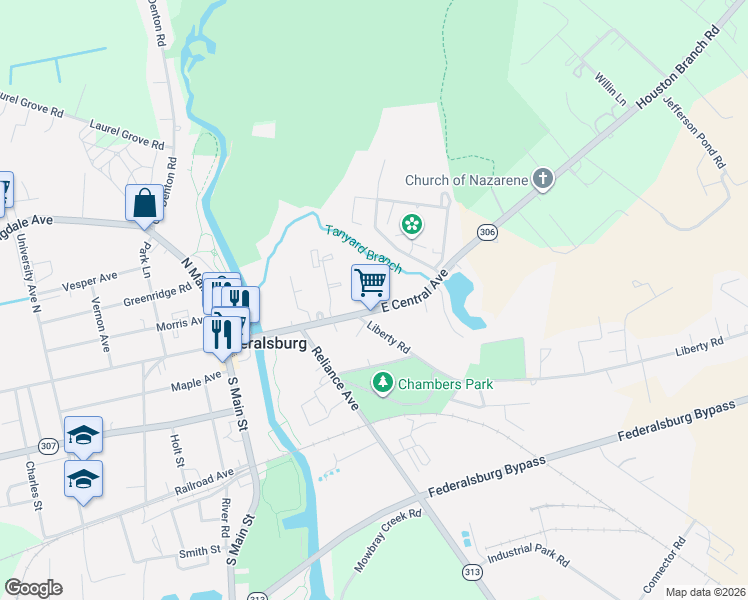map of restaurants, bars, coffee shops, grocery stores, and more near 302 East Central Avenue in Federalsburg