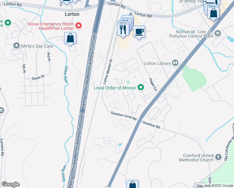 map of restaurants, bars, coffee shops, grocery stores, and more near 9678 Potters Hill Circle in Lorton