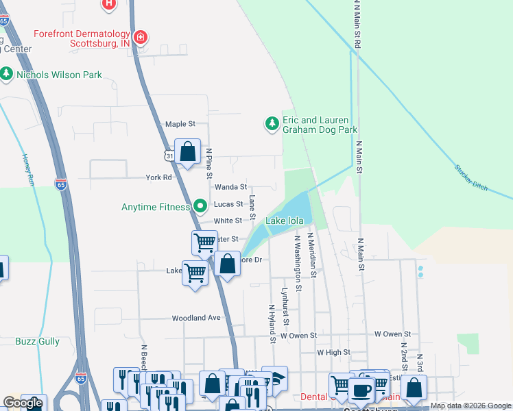 map of restaurants, bars, coffee shops, grocery stores, and more near 835 Lane Street in Scottsburg