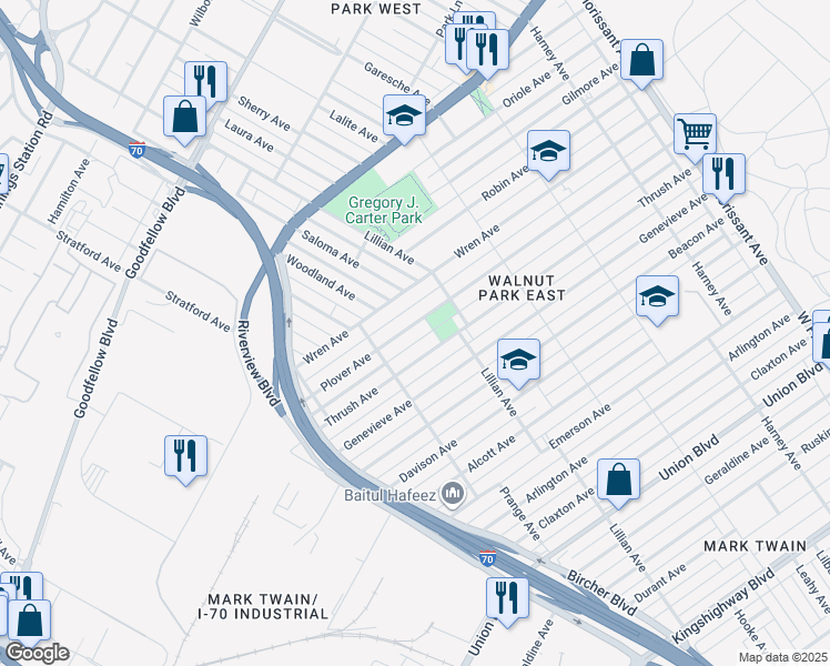 map of restaurants, bars, coffee shops, grocery stores, and more near 4948 Plover Avenue in St. Louis