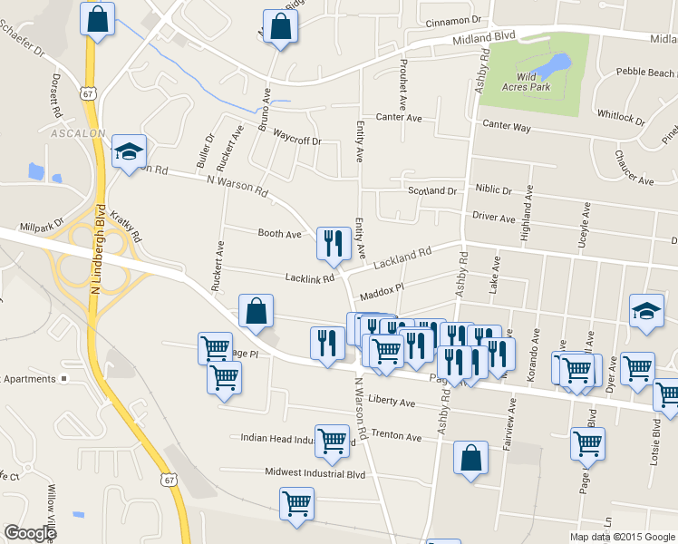 map of restaurants, bars, coffee shops, grocery stores, and more near 2101 N Warson Rd in St Louis
