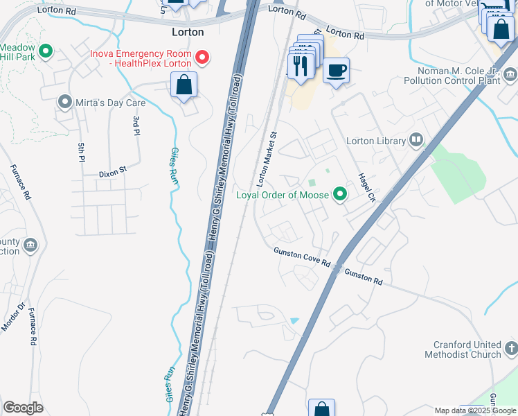 map of restaurants, bars, coffee shops, grocery stores, and more near 9620 Potters Hill Circle in Lorton