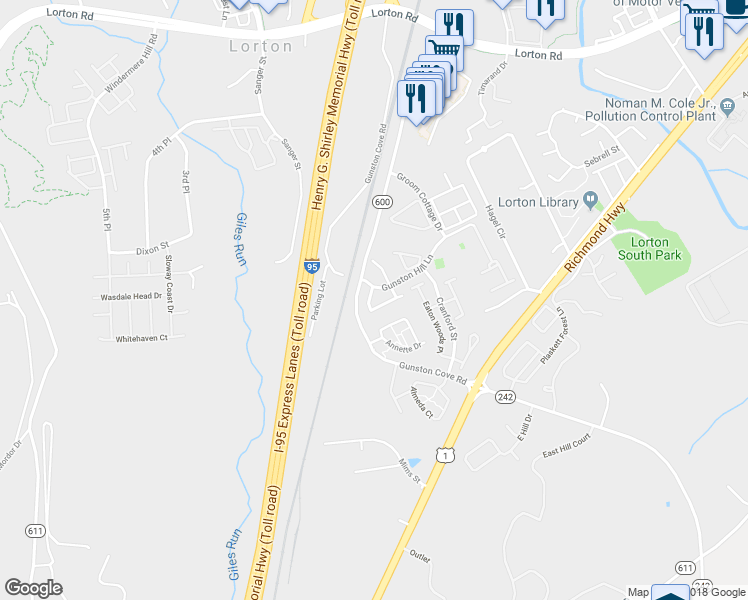 map of restaurants, bars, coffee shops, grocery stores, and more near 9617 Potters Hill Circle in Lorton