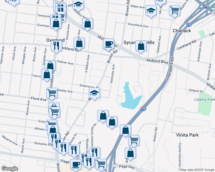map of restaurants, bars, coffee shops, grocery stores, and more near 2248 Kenosho Avenue in Overland