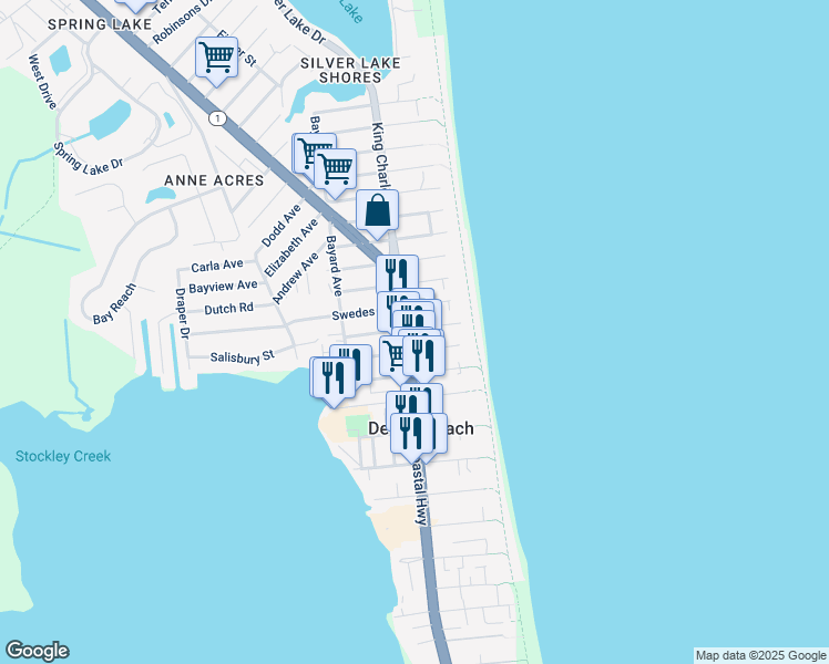 map of restaurants, bars, coffee shops, grocery stores, and more near 2000 Coastal Highway in Dewey Beach