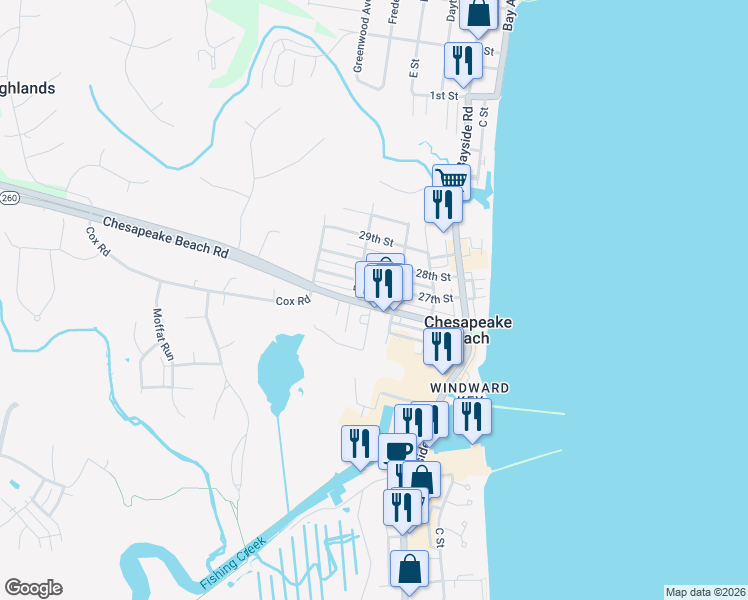 map of restaurants, bars, coffee shops, grocery stores, and more near 3718 Chesapeake Beach Road in Chesapeake Beach