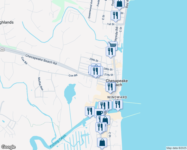 map of restaurants, bars, coffee shops, grocery stores, and more near 3718 Chesapeake Beach Road in Chesapeake Beach
