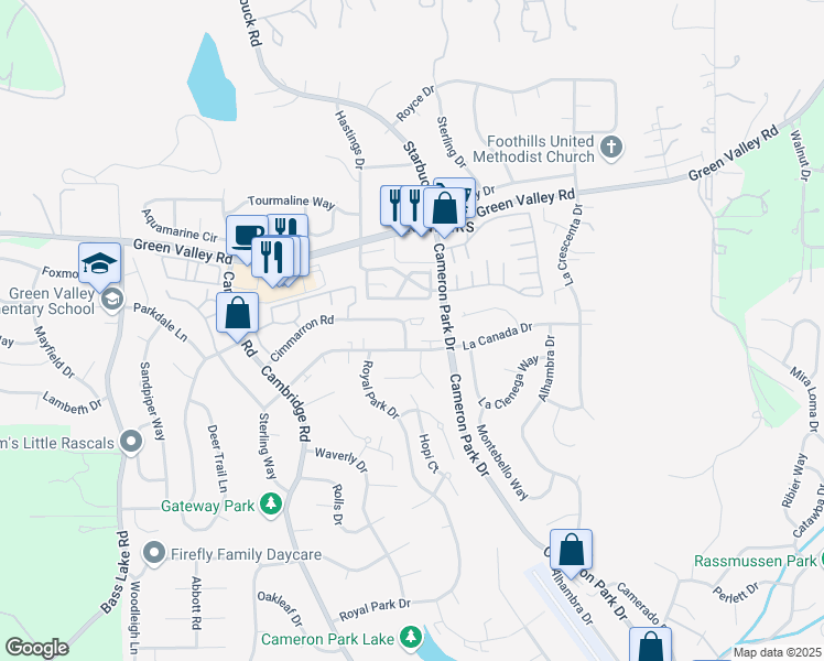 map of restaurants, bars, coffee shops, grocery stores, and more near 3394 Cimmarron Court in Shingle Springs