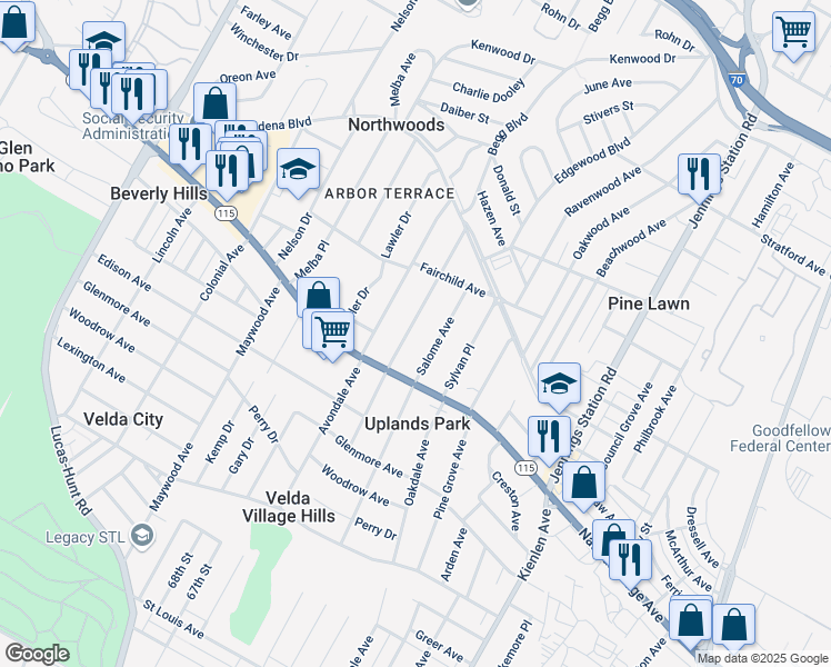 map of restaurants, bars, coffee shops, grocery stores, and more near 3718 Manola Avenue in St. Louis