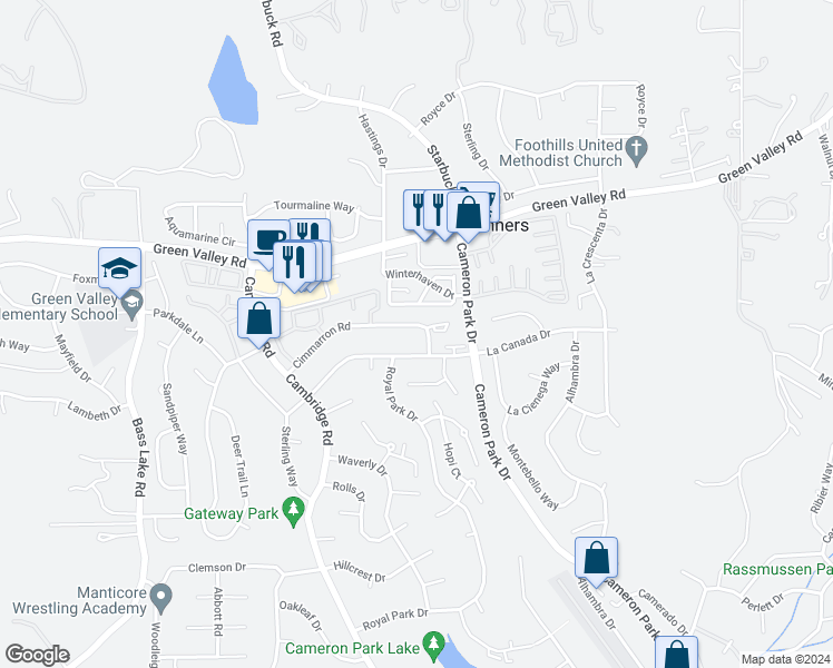 map of restaurants, bars, coffee shops, grocery stores, and more near 3345 La Canada Drive in Cameron Park