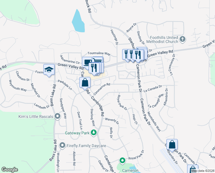 map of restaurants, bars, coffee shops, grocery stores, and more near 3287 La Canada Drive in Cameron Park