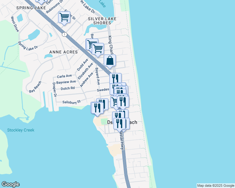 map of restaurants, bars, coffee shops, grocery stores, and more near 2000 Coastal Highway in Dewey Beach