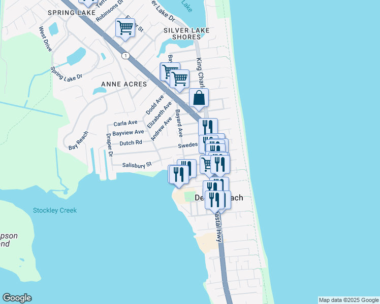 map of restaurants, bars, coffee shops, grocery stores, and more near 114 Saulsbury Street in Dewey Beach