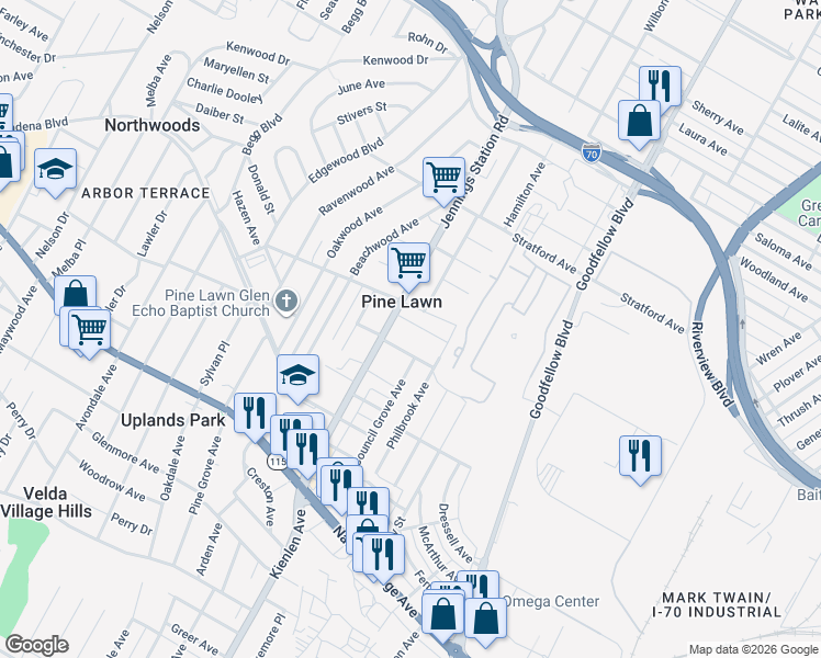 map of restaurants, bars, coffee shops, grocery stores, and more near 6113 Saint Paul Place in St. Louis