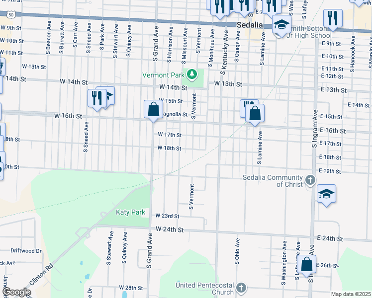 map of restaurants, bars, coffee shops, grocery stores, and more near 551 West 18th Street in Sedalia