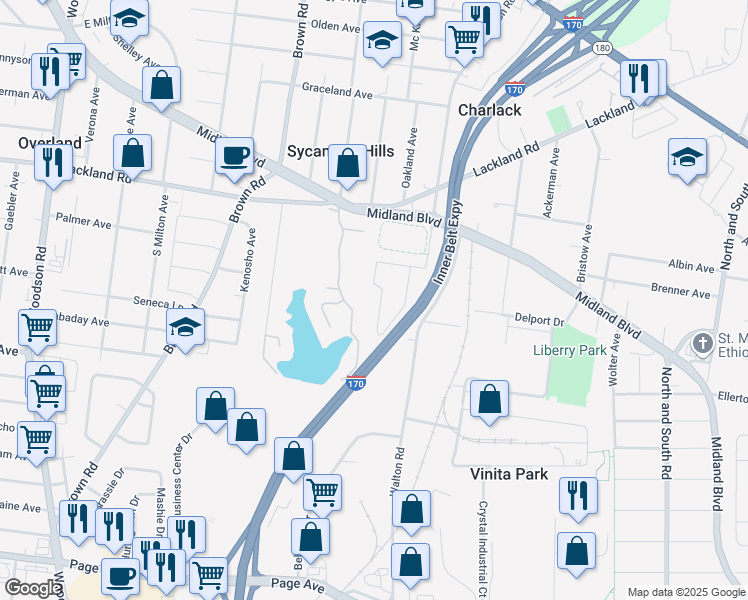 map of restaurants, bars, coffee shops, grocery stores, and more near 2222 Woodgrass Drive in Overland