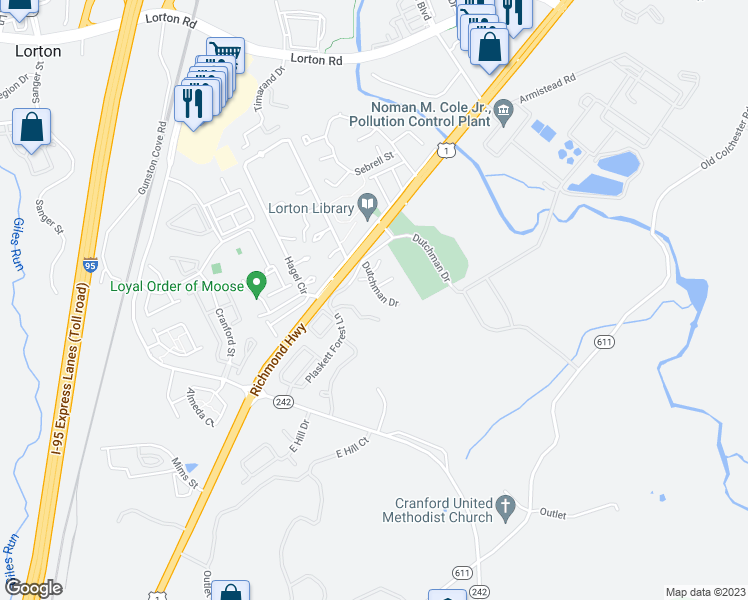 map of restaurants, bars, coffee shops, grocery stores, and more near 9662 Dutchman Drive in Lorton