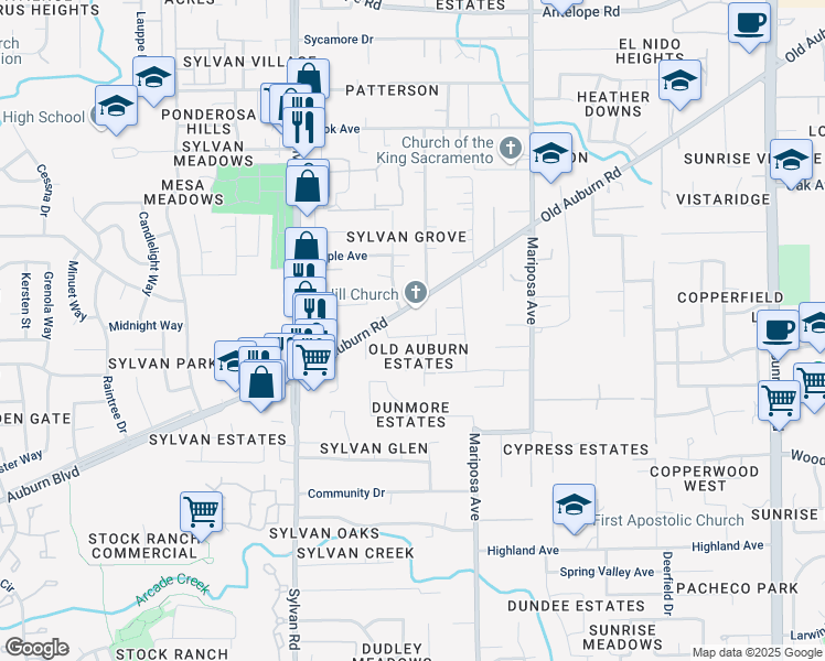 map of restaurants, bars, coffee shops, grocery stores, and more near 7638 Wes Way in Citrus Heights