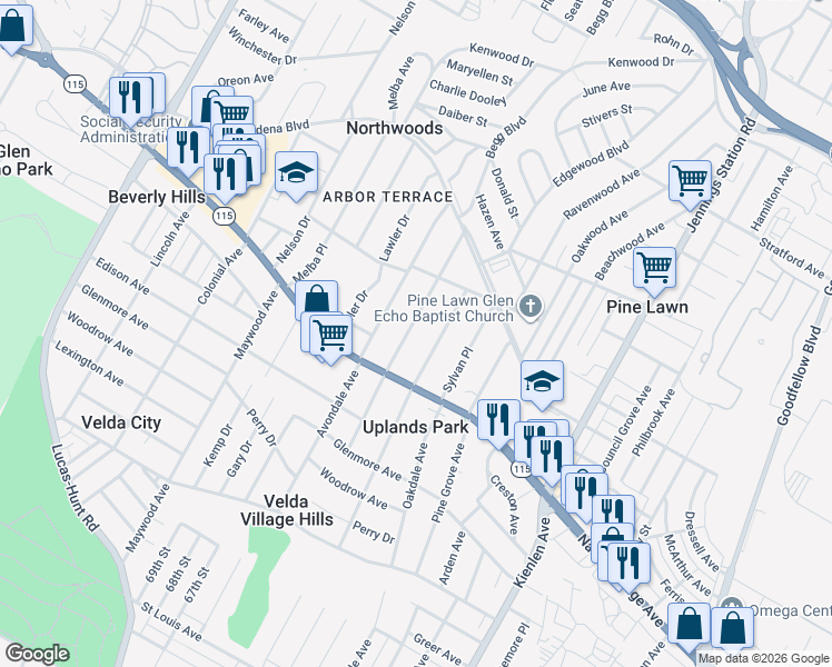 map of restaurants, bars, coffee shops, grocery stores, and more near 3717 Salome Avenue in St. Louis