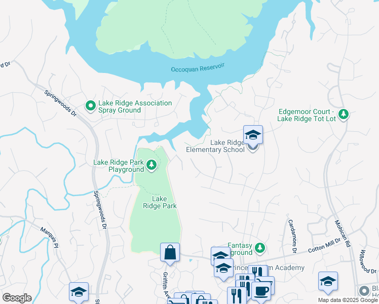 map of restaurants, bars, coffee shops, grocery stores, and more near 3518 Mount Burnside Way in Woodbridge