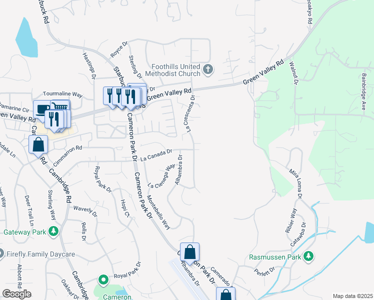 map of restaurants, bars, coffee shops, grocery stores, and more near 2760 La Crescenta Drive in Cameron Park